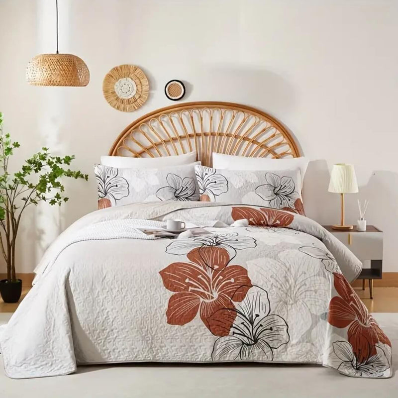 Brown Floral Beige Coverlet Set-Quilted Bedspread Sets (3Pcs)