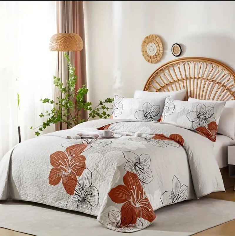 Brown Floral Beige Coverlet Set-Quilted Bedspread Sets (3Pcs)