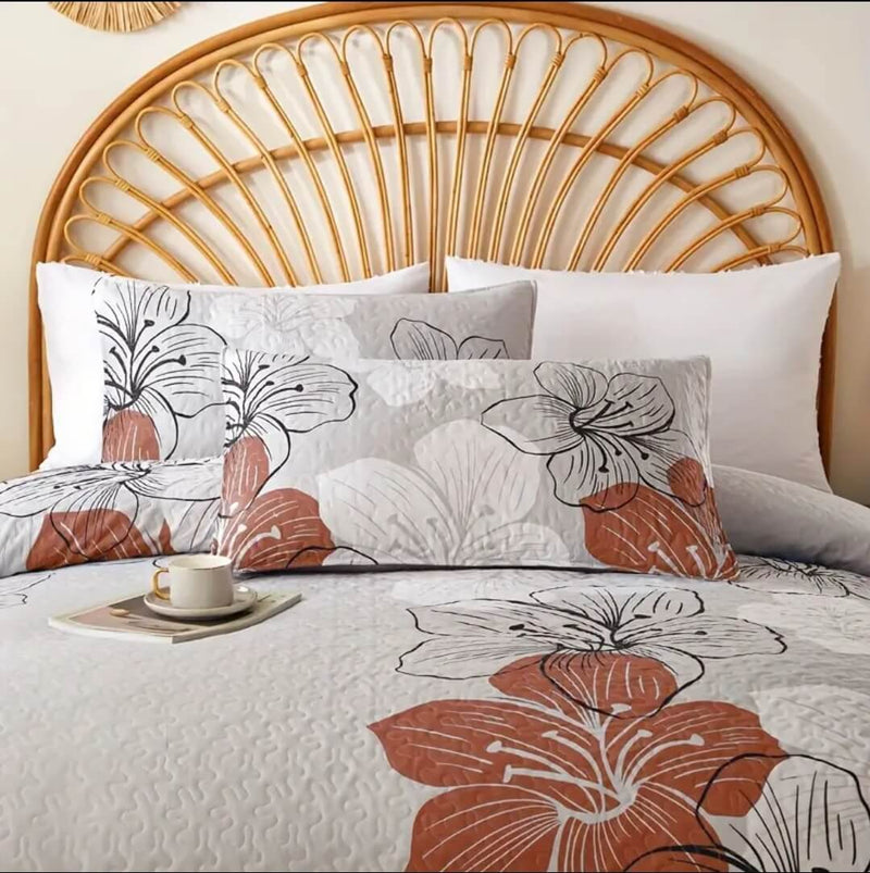 Brown Floral Beige Coverlet Set-Quilted Bedspread Sets (3Pcs)