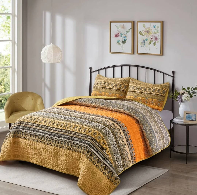 Yellow Mandala Coverlet Set-Quilted Bedspread Sets (3Pcs)