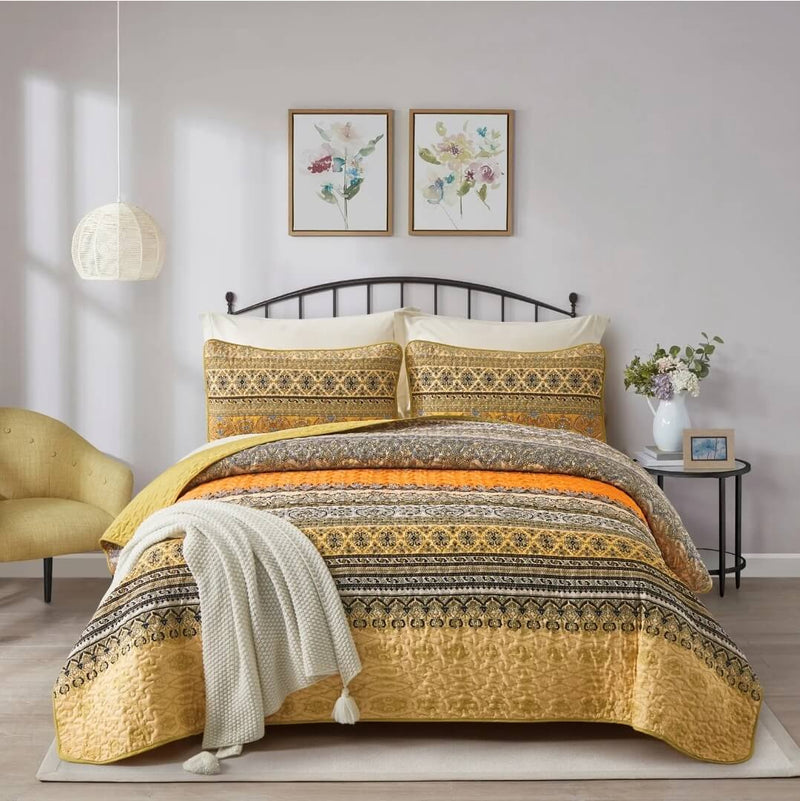 Yellow Bohemian Coverlet Set-Quilted Bedspread Sets (3Pcs)
