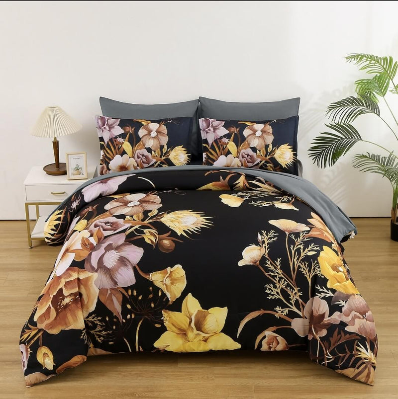 Black Base Floral Design Comforter Set-Quilt Set (3Pcs)