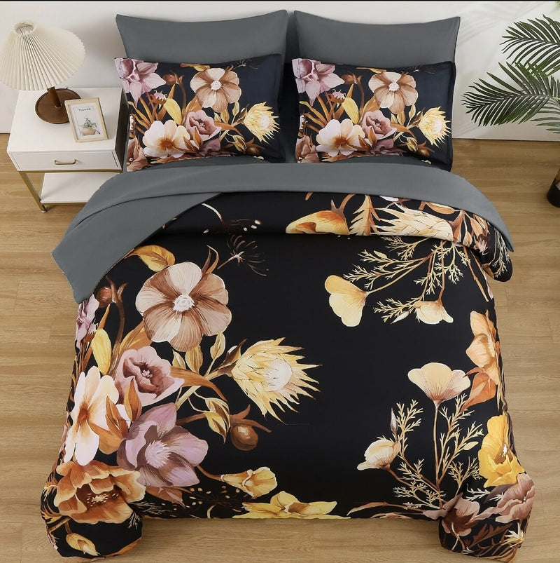 Black Base Floral Design Comforter Set-Quilt Set (3Pcs)