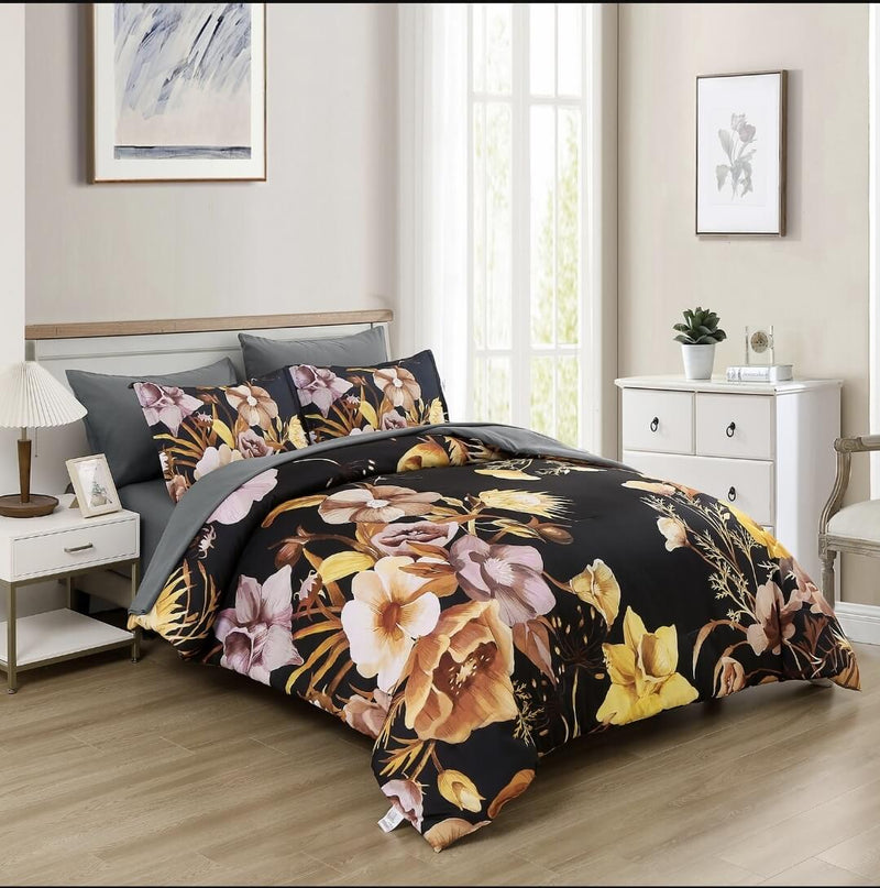 Black Base Floral Design Comforter Set-Quilt Set (3Pcs)