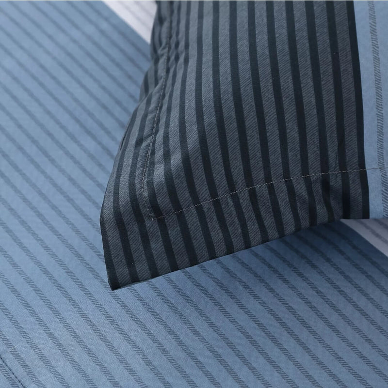 Blue Striped Quilted 7 Piece Comforter & Fitted/Flat Sheet Set Pillowcases
