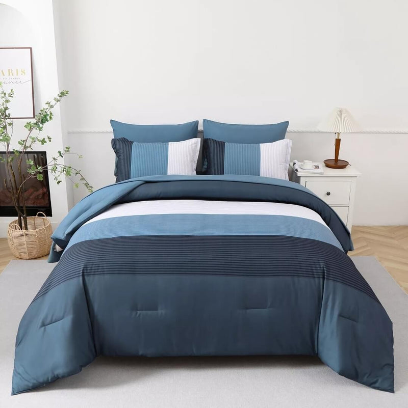 Blue Striped Quilted 7 Piece Comforter & Fitted/Flat Sheet Set Pillowcases