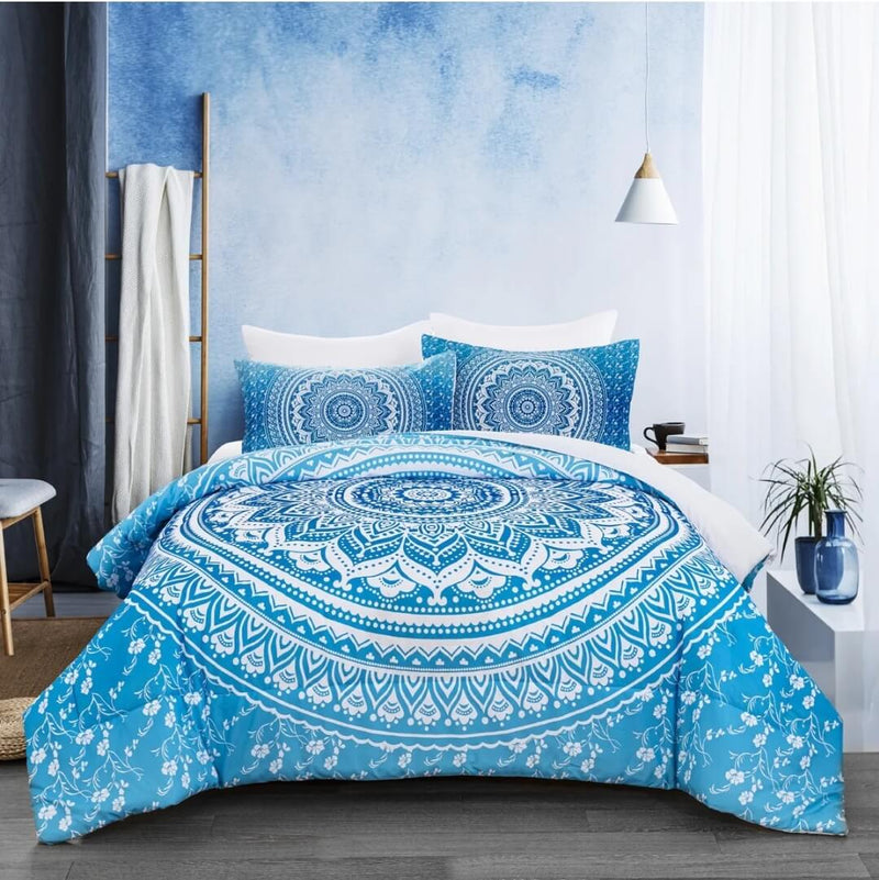 Sky Blue Mandala Comforter Set-Quilt Set (3Pcs)