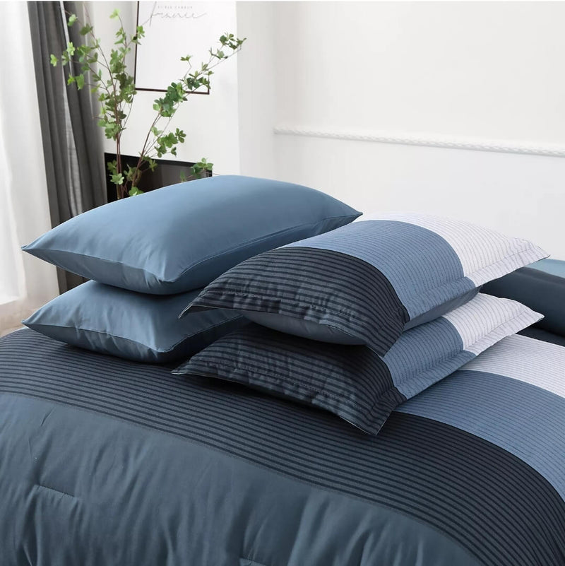 Blue Striped Quilted 7 Piece Comforter & Fitted/Flat Sheet Set Pillowcases
