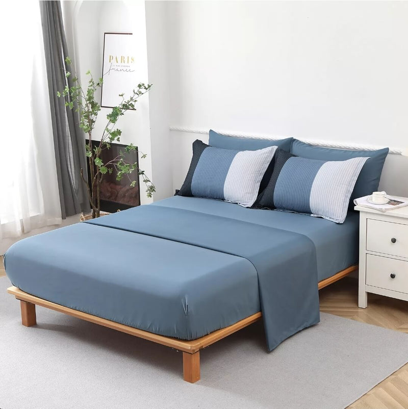 Blue Striped Quilted 7 Piece Comforter & Fitted/Flat Sheet Set Pillowcases