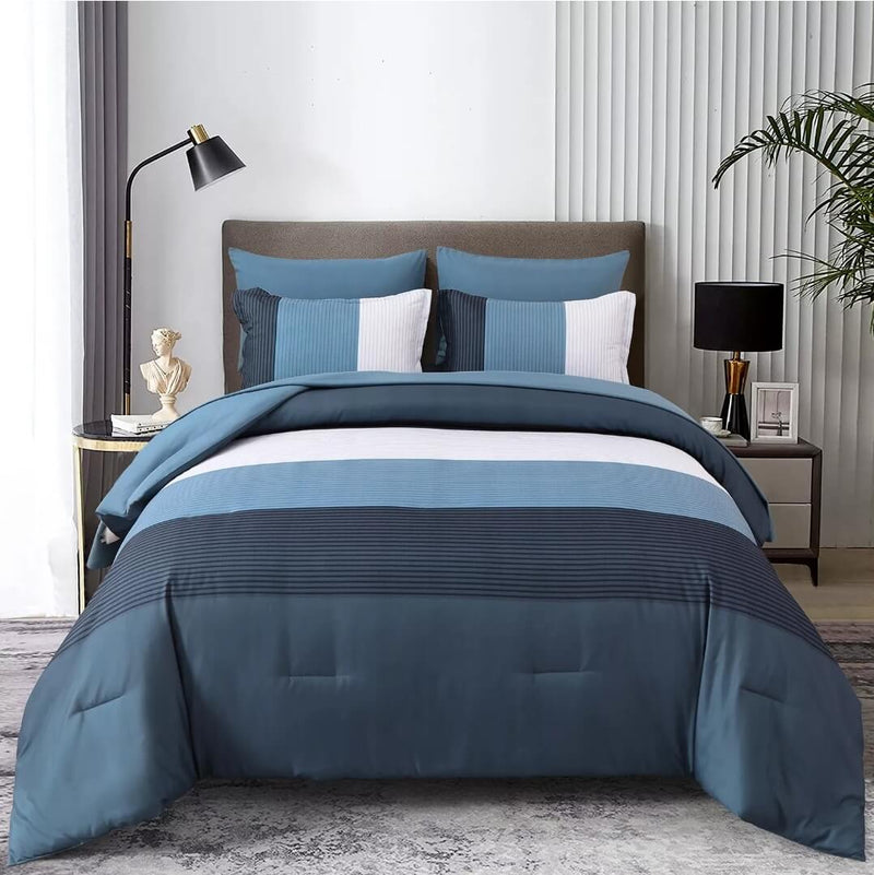 Blue Striped Quilted 7 Piece Comforter & Fitted/Flat Sheet Set Pillowcases