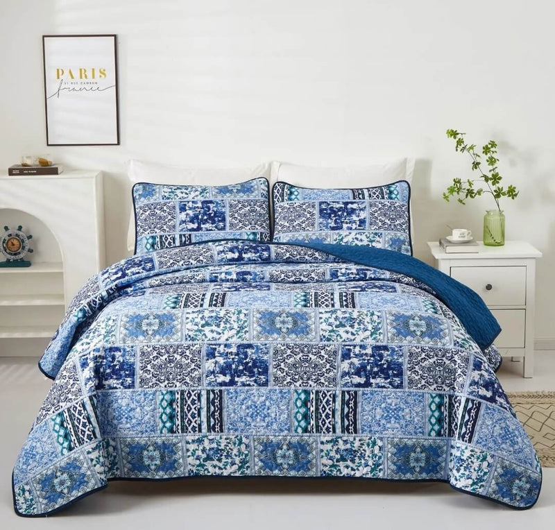 Blue Check Patchwork Quilted Bedspread Coverlet Sets (3Pcs)