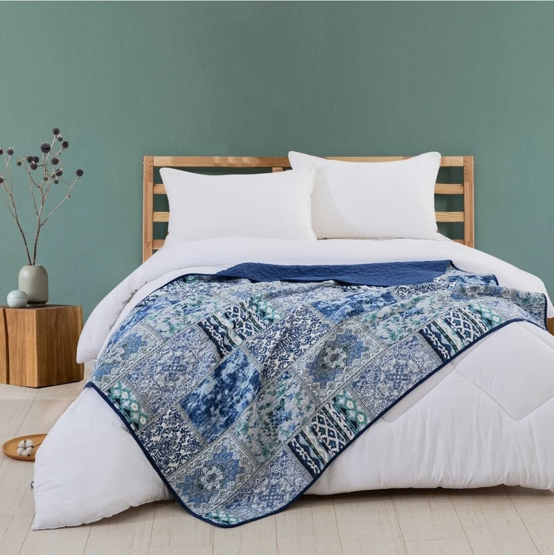 Blue Check Patchwork Quilted Bedspread Coverlet Sets (3Pcs)