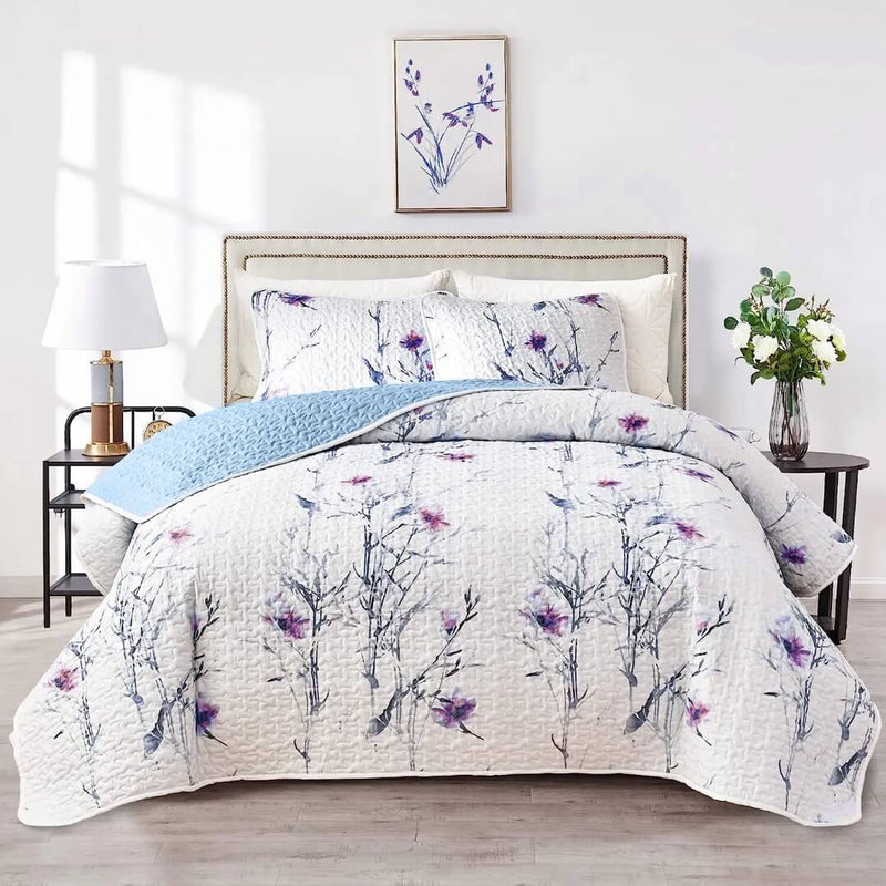 Blue White Floral Quilted Bedspread Coverlet Sets (3Pcs)