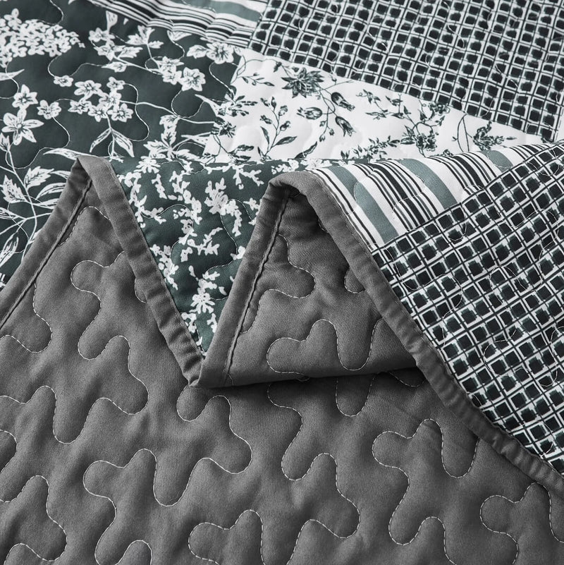 Dark Grey Patchwork Coverlet Set-Quilted Bedspread Sets (3Pcs)