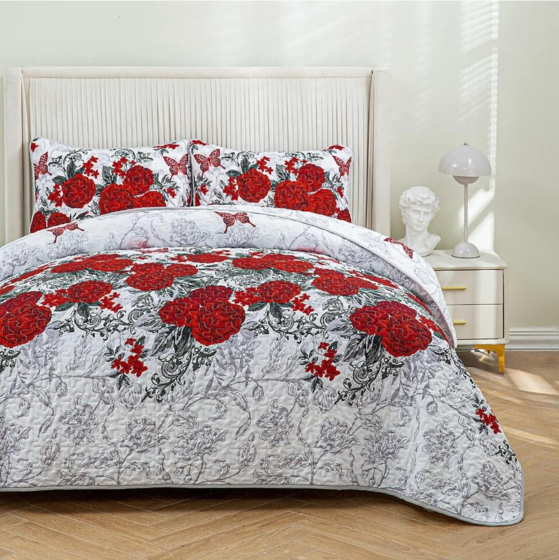 Red Roses Quilted Bedspread Coverlet Sets (3Pcs)