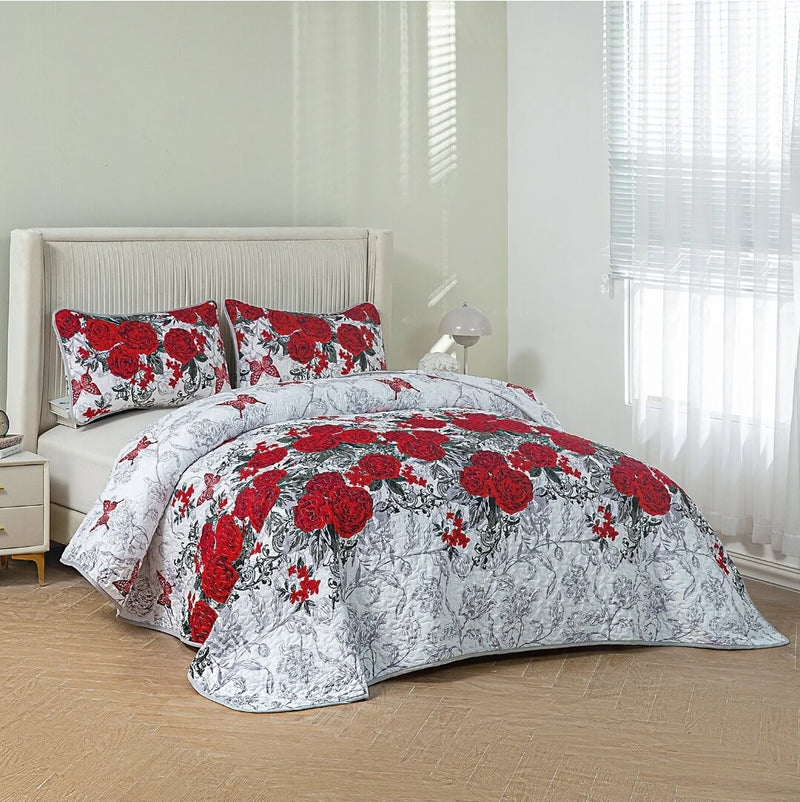 Red Roses Quilted Bedspread Coverlet Sets (3Pcs)