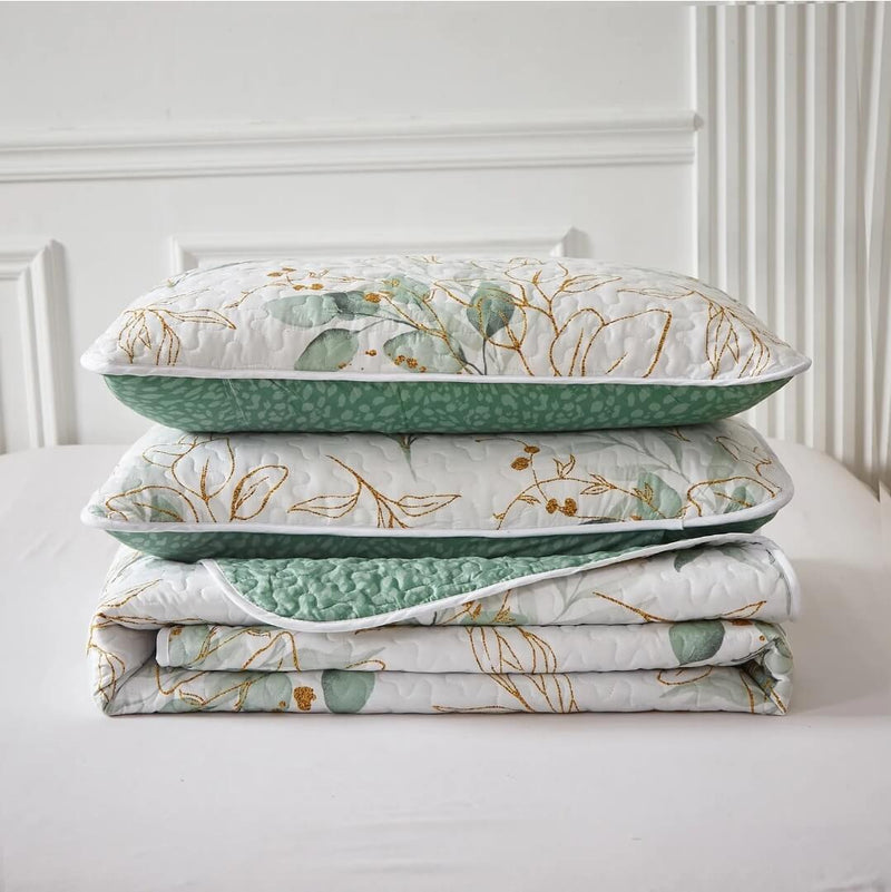 Green Patchwork Coverlet Set-Floral Quilted Bedspreads Sets (3Pcs)