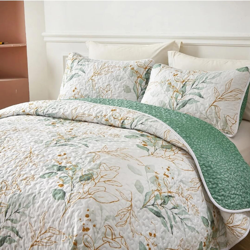 Green Patchwork Coverlet Set-Floral Quilted Bedspreads Sets (3Pcs)