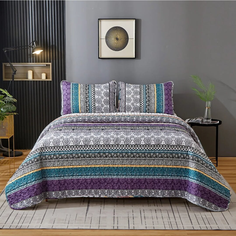 Purple Bohemian Style Coverlet Set-Quilted Bedspread Sets (3Pcs)