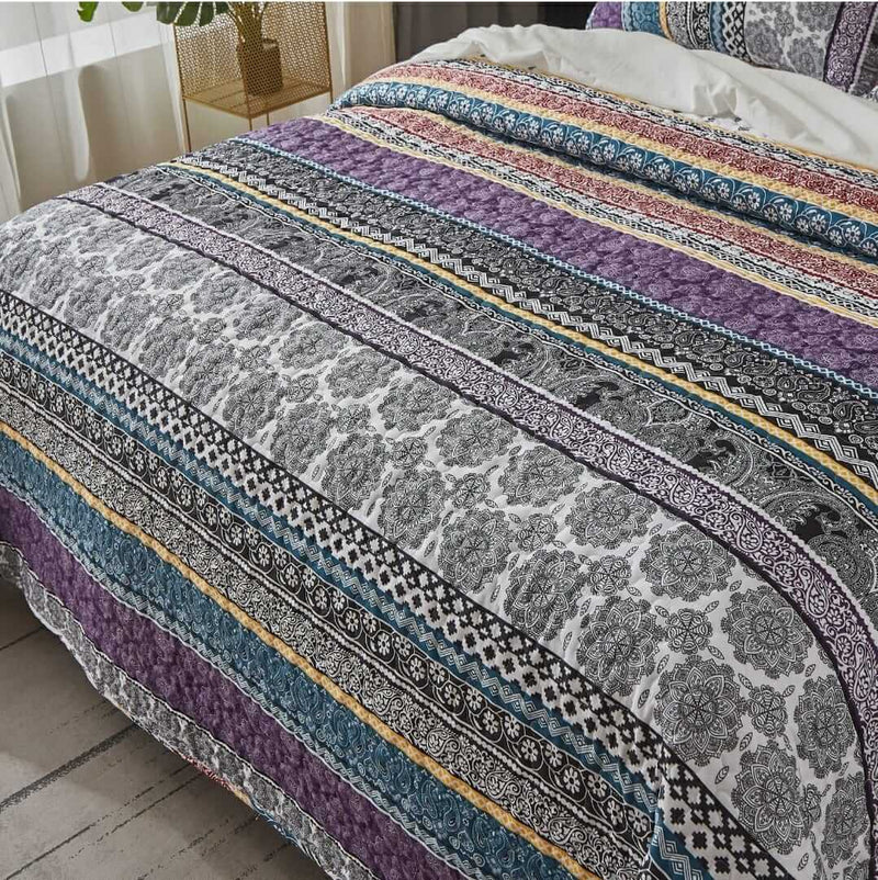 Purple Bohemian Style Coverlet Set-Quilted Bedspread Sets (3Pcs)