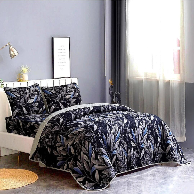 Black Base Grey Floral Coverlet Set-Quilted Bedspread Sets (3Pcs)