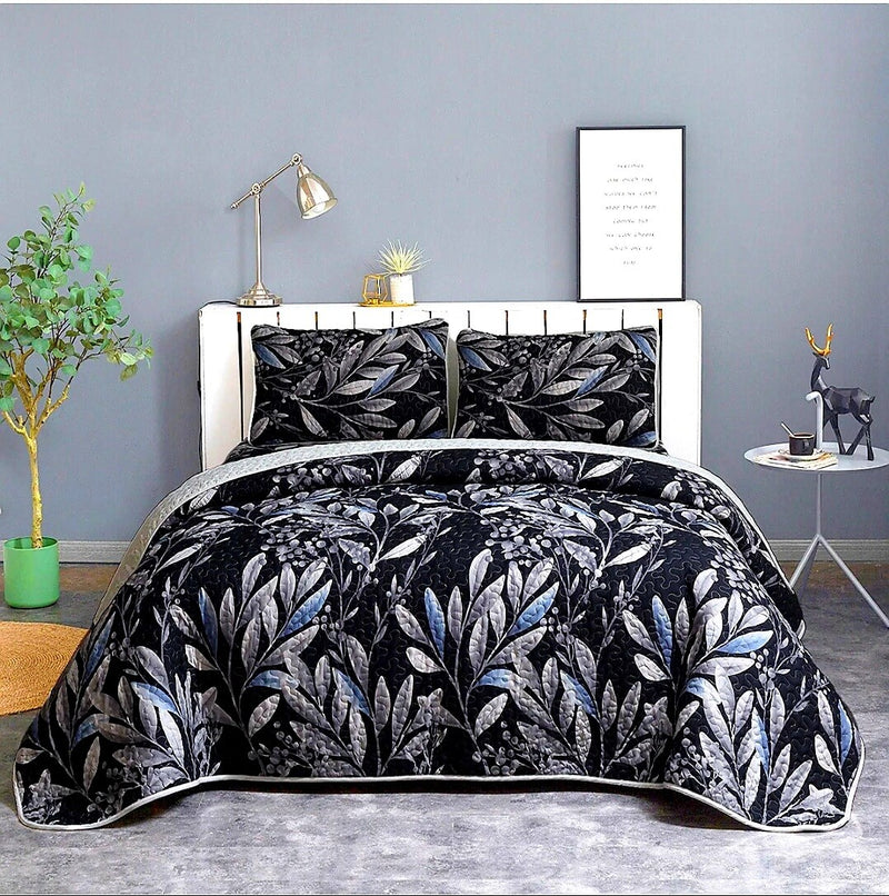Floral Black Quilted Bedspread Coverlet Sets (3Pcs)