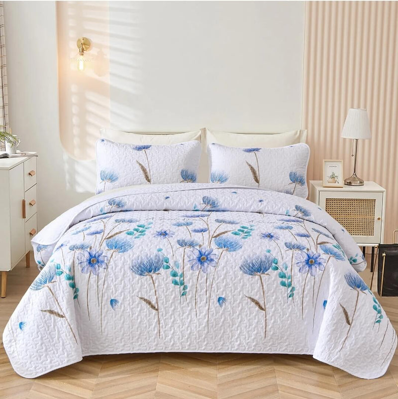 Blue Floral White Coverlet Set-Quilted Bedspreads Set (3Pcs)