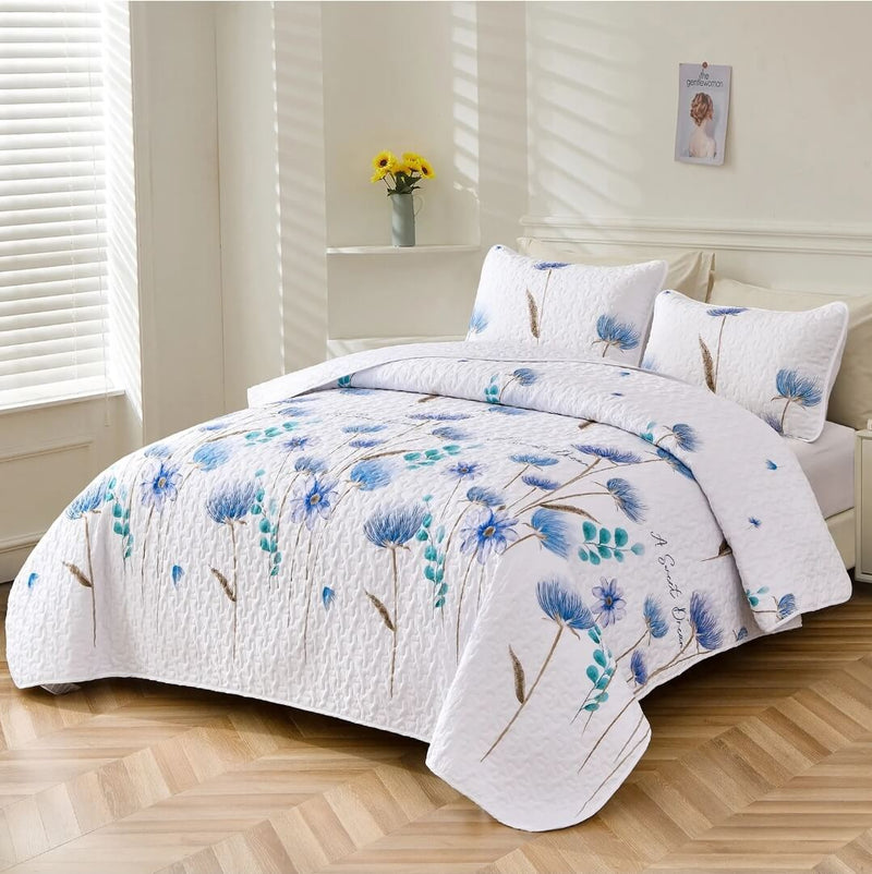 White Base Blueish Flower Coverlet Set-Quilted Bedspread Sets (3Pcs)