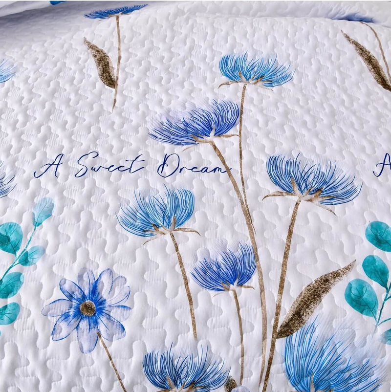 White Base Blueish Flower Coverlet Set-Quilted Bedspread Sets (3Pcs)