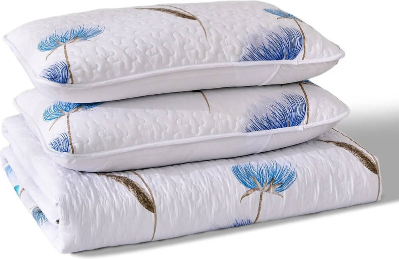 White Base Blueish Flower Coverlet Set-Quilted Bedspread Sets (3Pcs)