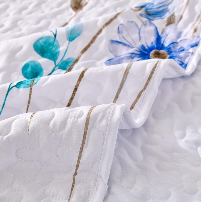 Blue Floral White Coverlet Set-Quilted Bedspreads Set (3Pcs)