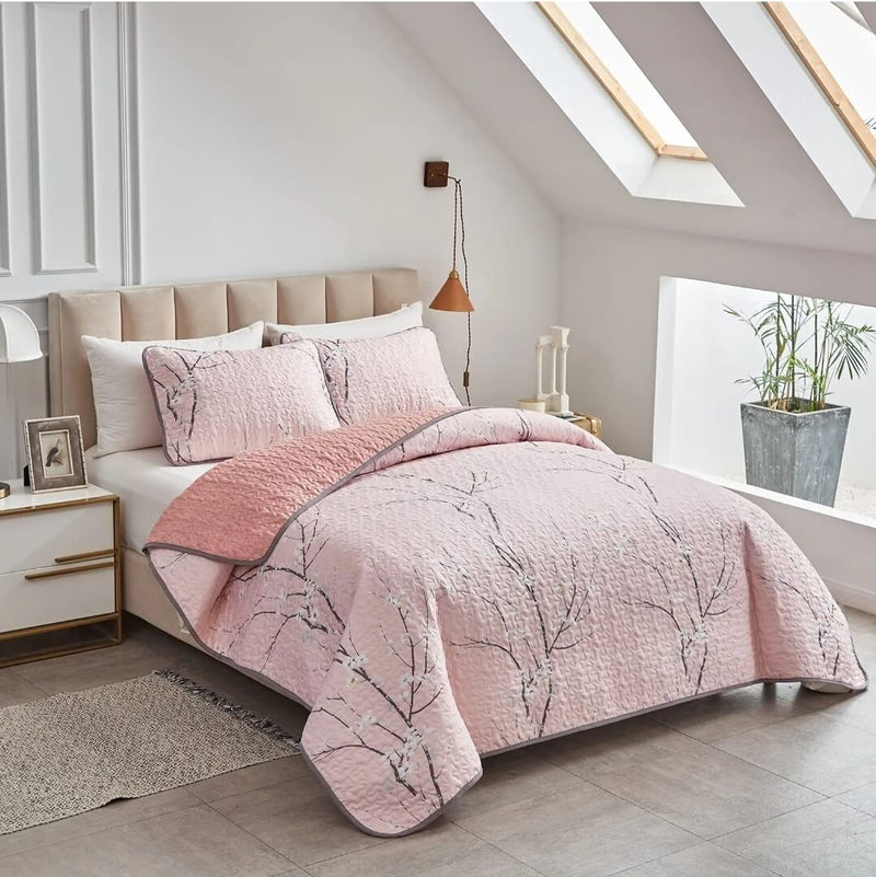 Pink Floral Quilted Bedspread Coverlet Sets (3Pcs)
