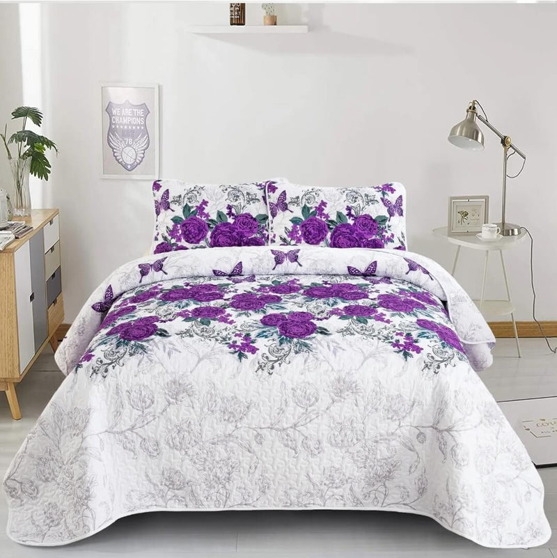 Lavender Rose Coverlet Set-Quilted Bedspread Sets (3Pcs)