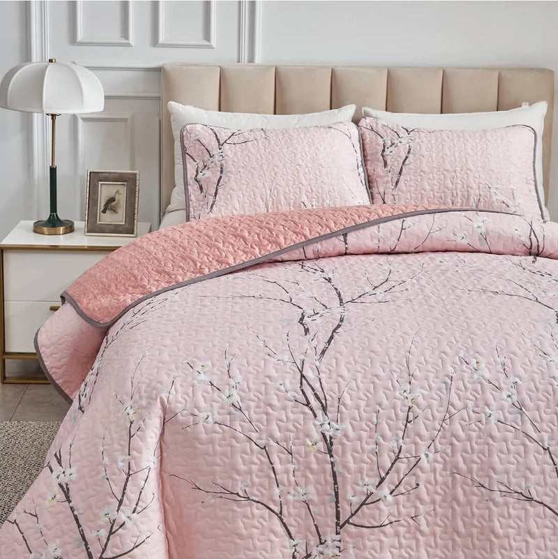 Pink Floral Quilted Bedspread Coverlet Sets (3Pcs)