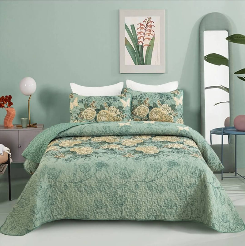 Green Floral Patchwork Coverlet Set-Quilted Bedspread Sets (3Pcs)