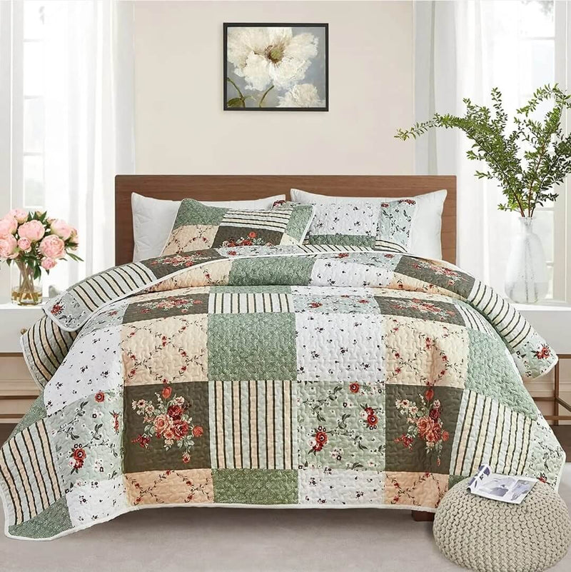 Green & White Bedspread Coverlet Set-Quilted Bedspread Sets (3Pcs)