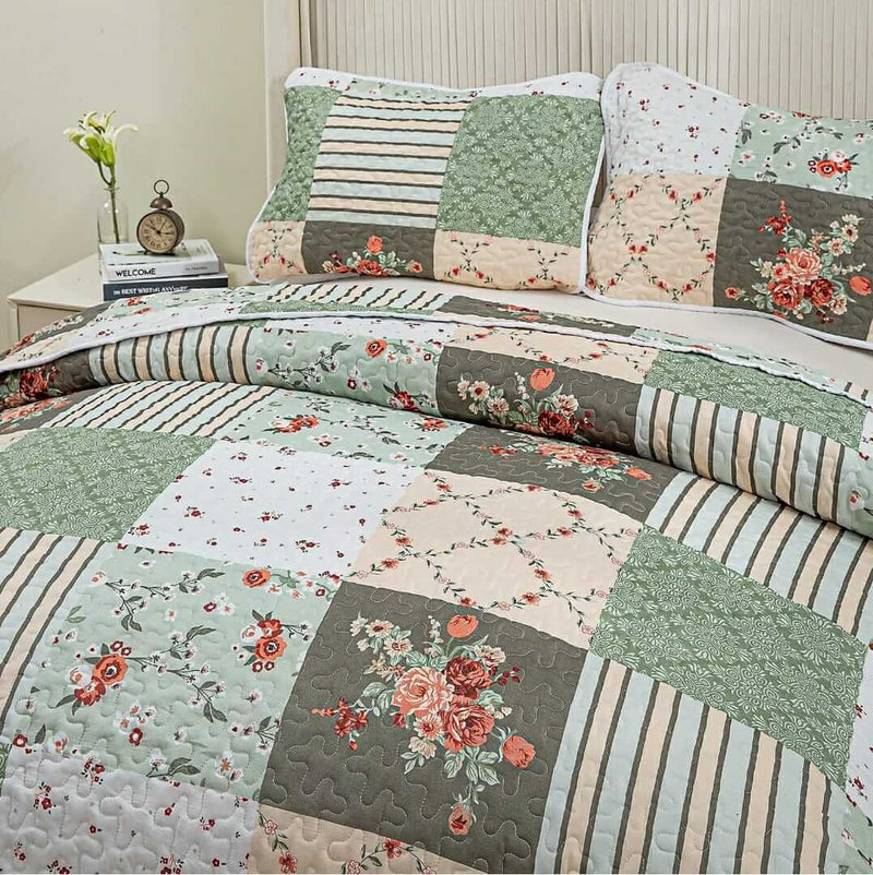 Green & White Bedspread Coverlet Set-Quilted Bedspread Sets (3Pcs)