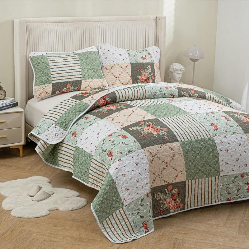 Green & White Bedspread Coverlet Set-Quilted Bedspread Sets (3Pcs)