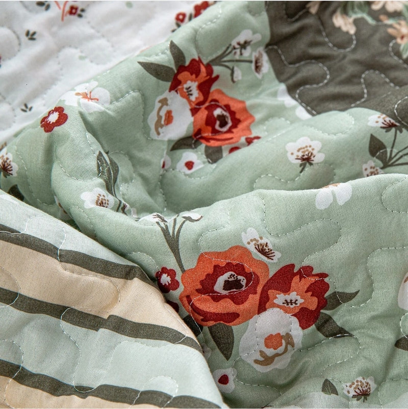 Green Patchwork Coverlet Set-Floral Quilted Bedspread Sets (3Pcs)