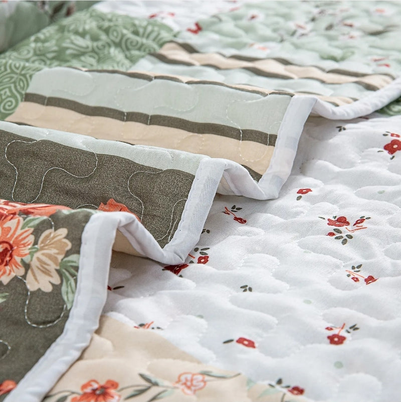Green Patchwork Coverlet Set-Floral Quilted Bedspread Sets (3Pcs)