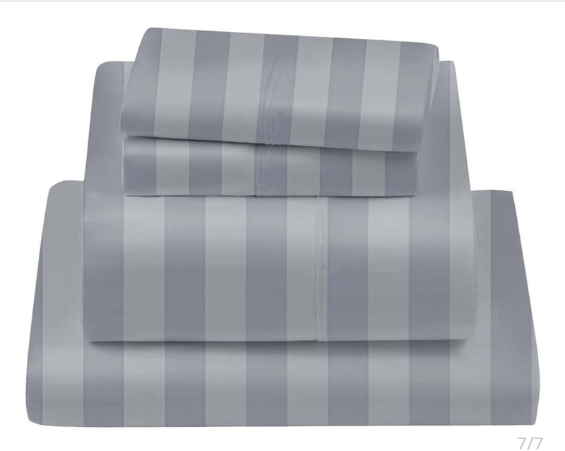 1200TC Bed Sheet Set - Damask Stripe Cotton Flat Sheet (Striped Grey)