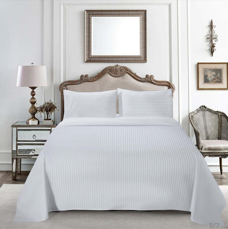 1200TC Bed Sheet Set - Damask Stripe Cotton Flat Sheet (Snow White)