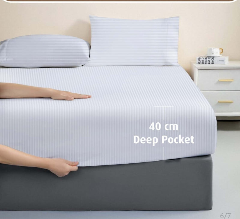 1200TC Bed Sheet Set - Damask Stripe Cotton Flat Sheet (Hotel White)