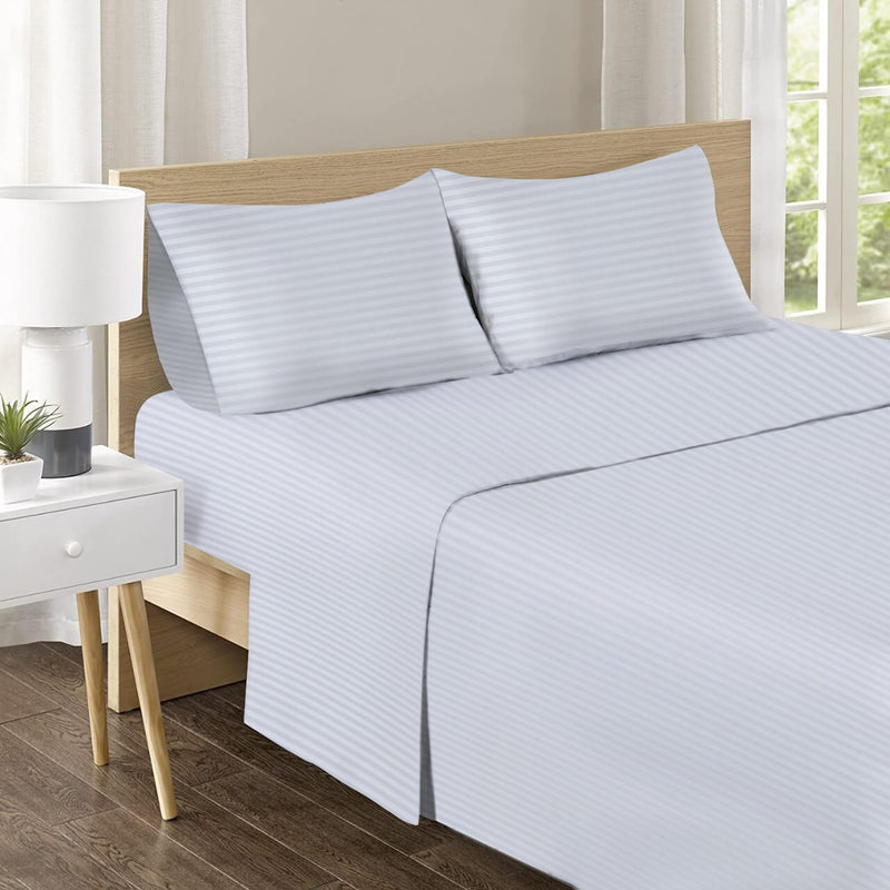1200TC Bed Sheet Set - Damask Stripe Cotton Flat Sheet (Snow White)