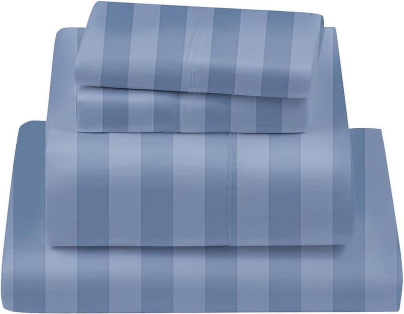 1200TC Bed Sheet Set - Damask Stripe Cotton Flat Sheet (Striped Blue)