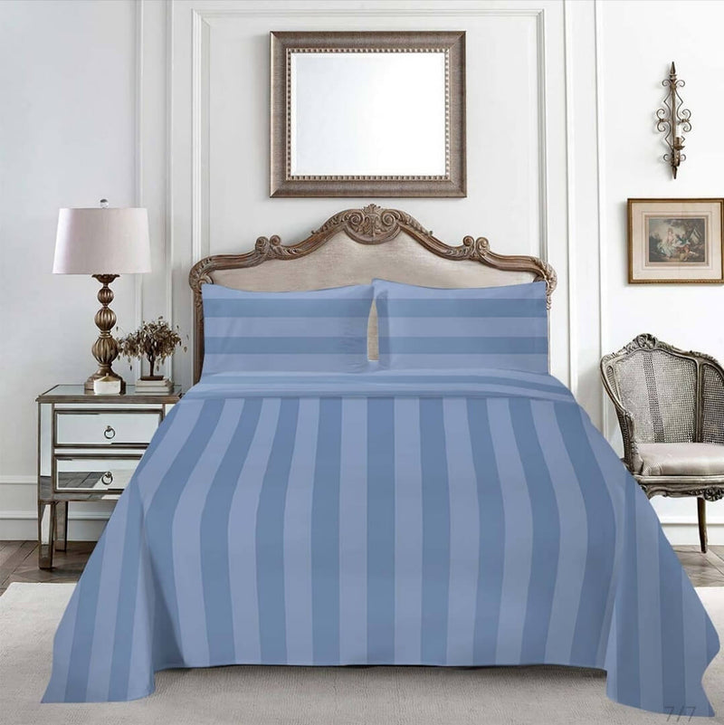 1200TC Bed Sheet Set - Damask Stripe Cotton Flat Sheet (Striped Blue)