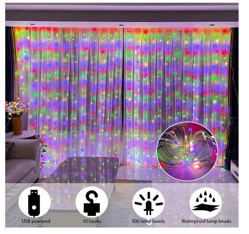 Christmas Lights - Curtain String Lights 3x3 Meter (Multicolour)