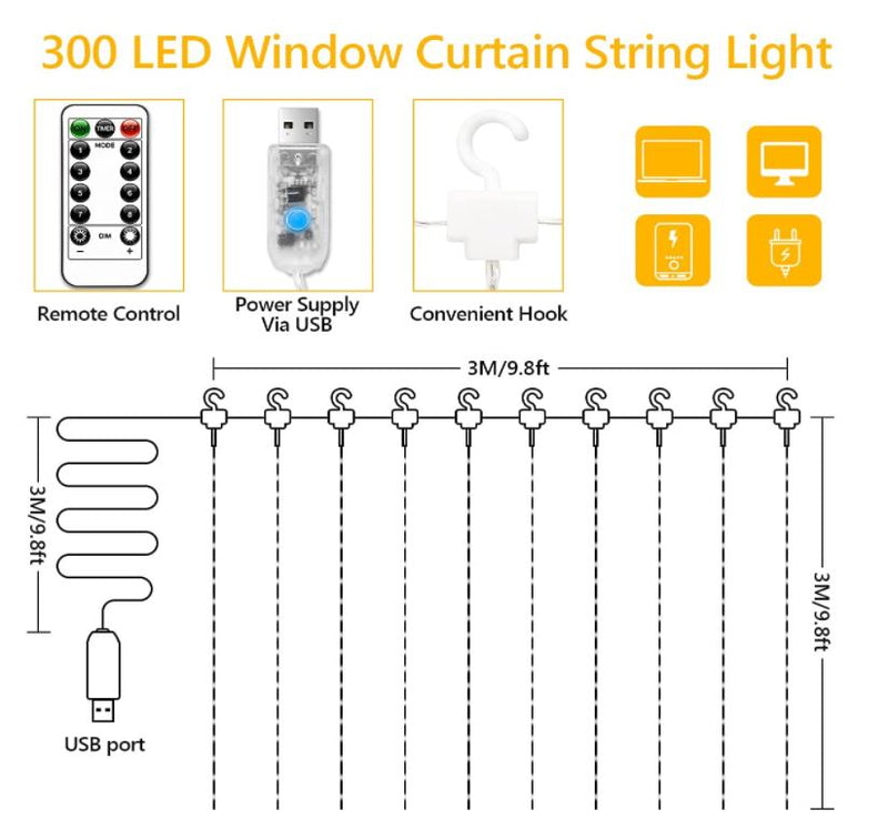 Christmas Lights - Curtain String Lights 3x3 Meter (Cold White)