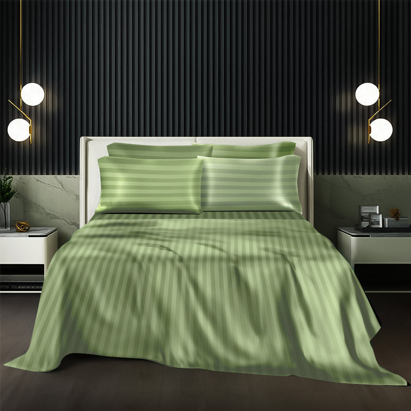 1200 Thread Count Bed Sheet Set - Damask Stripe Cotton Flat Sheet (Oliver Green)