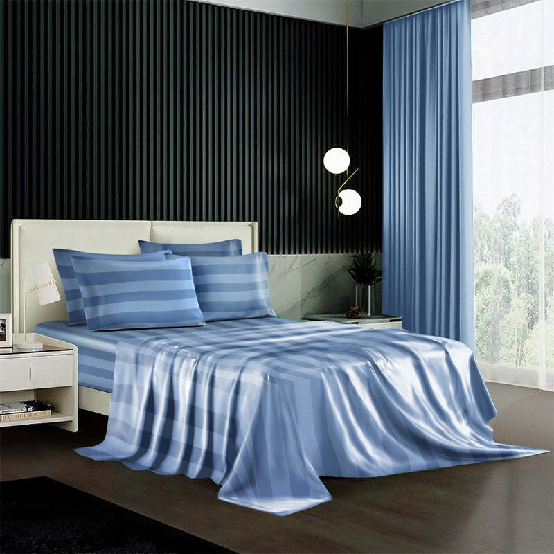 1200 Thread Count Bed Sheet Set - Wide Stripe Cotton Fitted Sheet (Sky Blue)